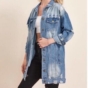 Vintage Highway Jeans Co. Long Distressed Denim Jacket Medium Edgy Y2K Grunge